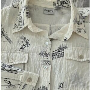 Chico's Linen Silk Abstract Print Long Sleeve Button Down Camp Shirt Sz 2/L